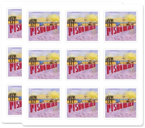 Pismo Beach California Iconic Sign Art Watercolor Style Coastal Sunset Palm Trees Pier Souvenir Waterproof UV Resistant 18 Pack 2 Inch Vinyl Decal Sticker