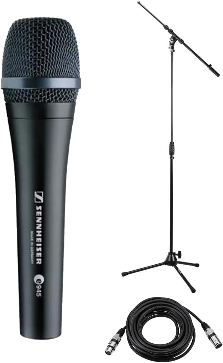 Sennheiser e 945 Wired Super-Cardioid Dynamic Handheld Vocal Microphone w/Clip Bundle with HA Tripod Microphone Stand with Telescoping Boom, Microphone Cable
