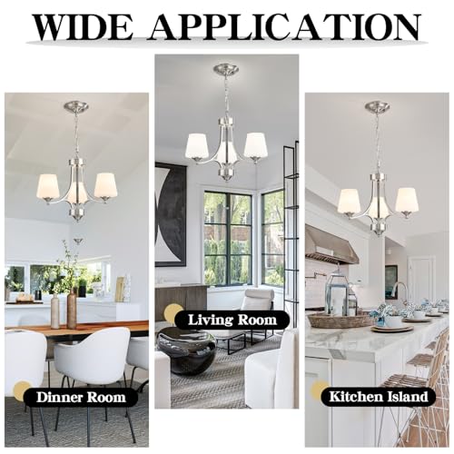Image of Brushed Nickel Dining Room Light Modern Sliver Chandelier with Frosted Glass, 3-Light Metal Farmhouse Kitchen Island Light Fixtures E26 Hanging Pendent Lighting for Living Room, Kitchen, Foyer
