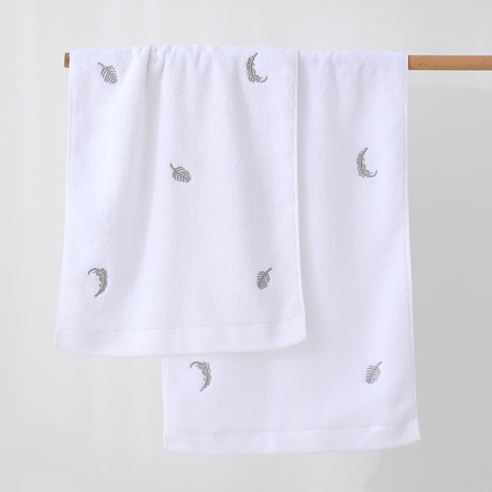 YiLUOMO Elegant White Hand Towels Silver Feathers Embroidered Set of 2 Super Thick Luxury 100% Cotton Ultra Soft Highly Absorbent Bathroom Hand Towel, 13 X 29 Inch - Image 2