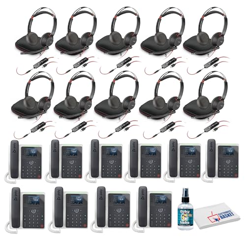 10x Poly (Plantronics) Edge E220 IP Desk Phone Bundle Including: 10x Poly Blackwire 5220 Stereo USB-C Headset with USB-C to USB-A Adapter, Phone Cleaner, Fiber Cloth