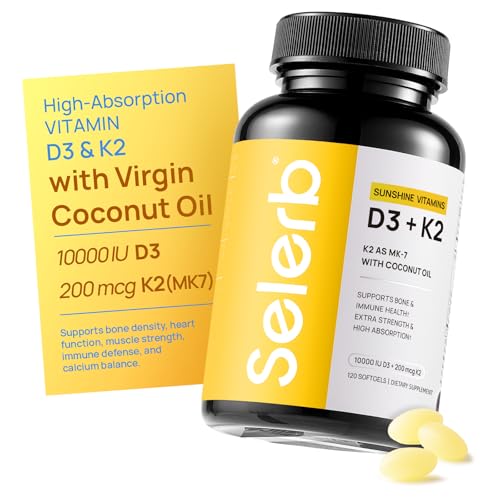 Selerb Vitamin D3 K2 with Virgin Coconut Oil -Vitamin D3 10000 IU + K2 MK-7 200 mcg Vitamin...