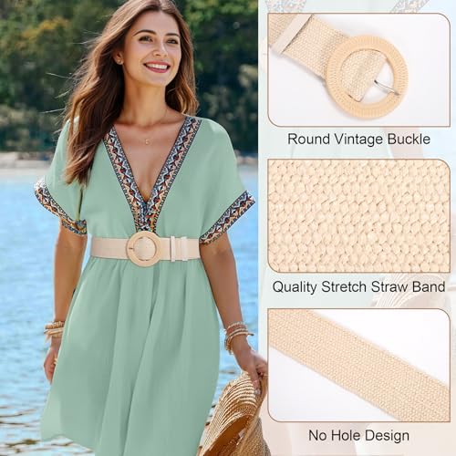 JASGOOD 3Pcs Straw Woven Belt Stretchy Waist Belt for Women Boho Braided Belt Wide Elastic Belt with Round Buckle2