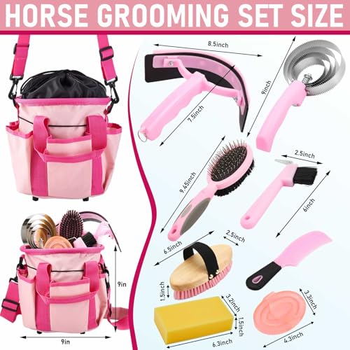 Cunhill 9 Pcs Horse Grooming Kit Tack Room Supplies Set with Tote Bag, Oval Massage Curry, Hard and Soft Brush, Hoof Pick, Sweat Scraper, Bathing Sponge, Comb for Horse Rider(Classic,Pink) - Image 2