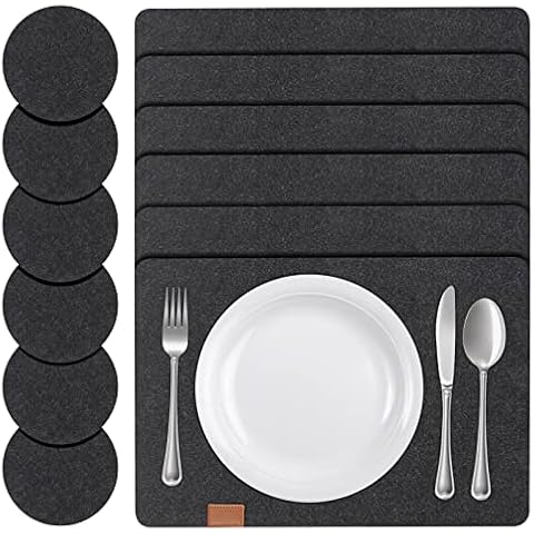 Simpolor Felt Table Placemats Set of 6 and Coasters, Non-Slip & Heat-Resistant Placemats and Coaster Sets 6, Washable Place Mats Set for Family Banquet, Hotel, Wedding, Party Decoration - Black Cover