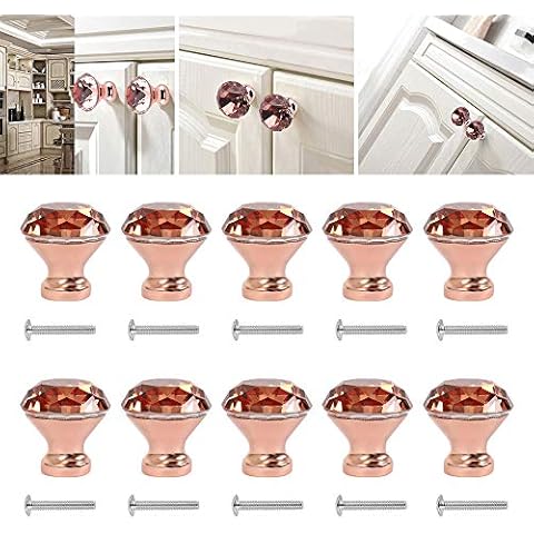 FlowersSea 10PCS 30mm Rose Gold K9 Crystal Cabinet Doors Knob Diamond Shape Glass Cabinet Door Wardrobe Cupboard Knob and Pull Handle for Kitchen Bathroom Drawer (10 Pcs) Cover