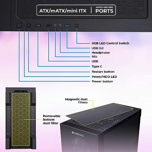 Image of ZEBRONICS TITAN Full-Tower Premium Gaming Cabinet, ATX, 4 x ARGB Fan, LED Control Switch, Window Tempered Glass Panel, Type C, USB 3.0, 360mm Front /Top AIO Cooler support with Top & Bottom Dust Filter