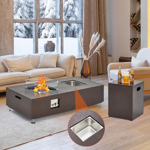 56" Propane Fire Pit Table with Ice Bucket,50000BTU Fire Table with 13" Square Drink Ice Bucket Wind Guard, Fire Glass Beads & CSA Safety Certified Outdoor Firepit for Patio Garden
