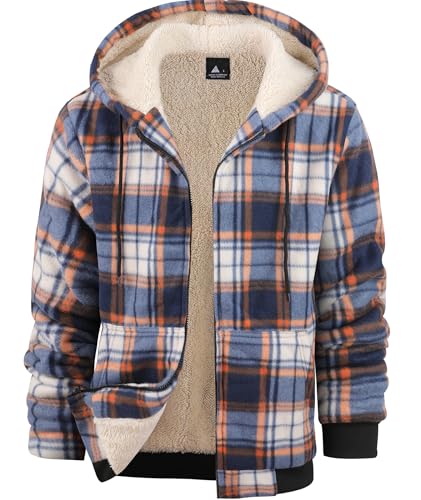 Image of Mens Plaid Hoodies Winter Zip Up Fleece Jacket Sherpa Fleece Lined Warm Flannel Jacket Coat