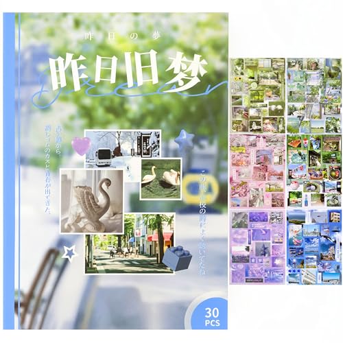 Dreamcore Sticker Book - 30 Sheets Japanese Retro Sticker Book for Adults & Journaling Scrapbook Sticker Book with Shiny Matte & Glossy Aesthetic Scenery (Dreamcore 1)