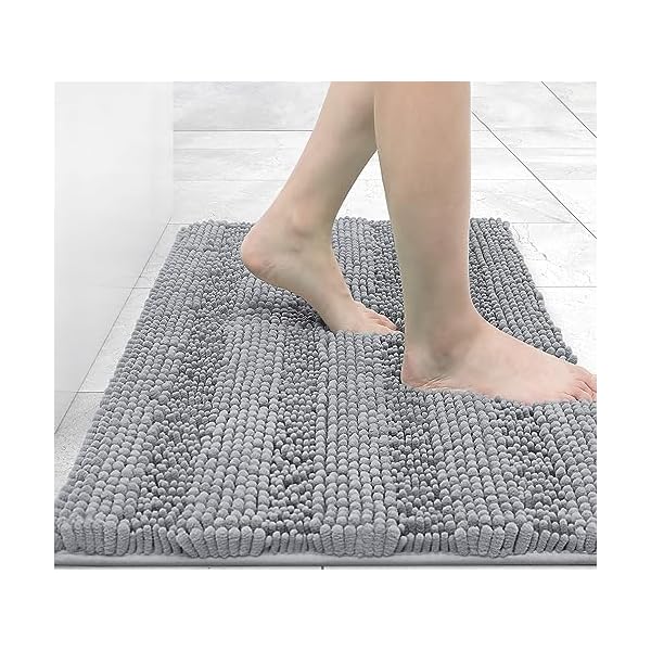 Grandaily Chenille Striped Bathroom Rug Mat, Extra Thick and Absorbent Bath Rugs, Non-Slip Soft Plush Shaggy Bath Carpet, Machine Wash Dry, Bath Mats for Bathroom, 24x16, Grey