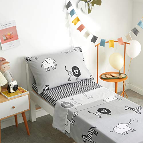 Image of Flysheep 4 Piece Gray Grey Toddler Bedding Set with Multi Animals Printed for Baby Boys - Includes Quilted Comforter, Flat Sheet, Fitted Sheet & Pillow Case, Soft & Comfortable Microfiber
