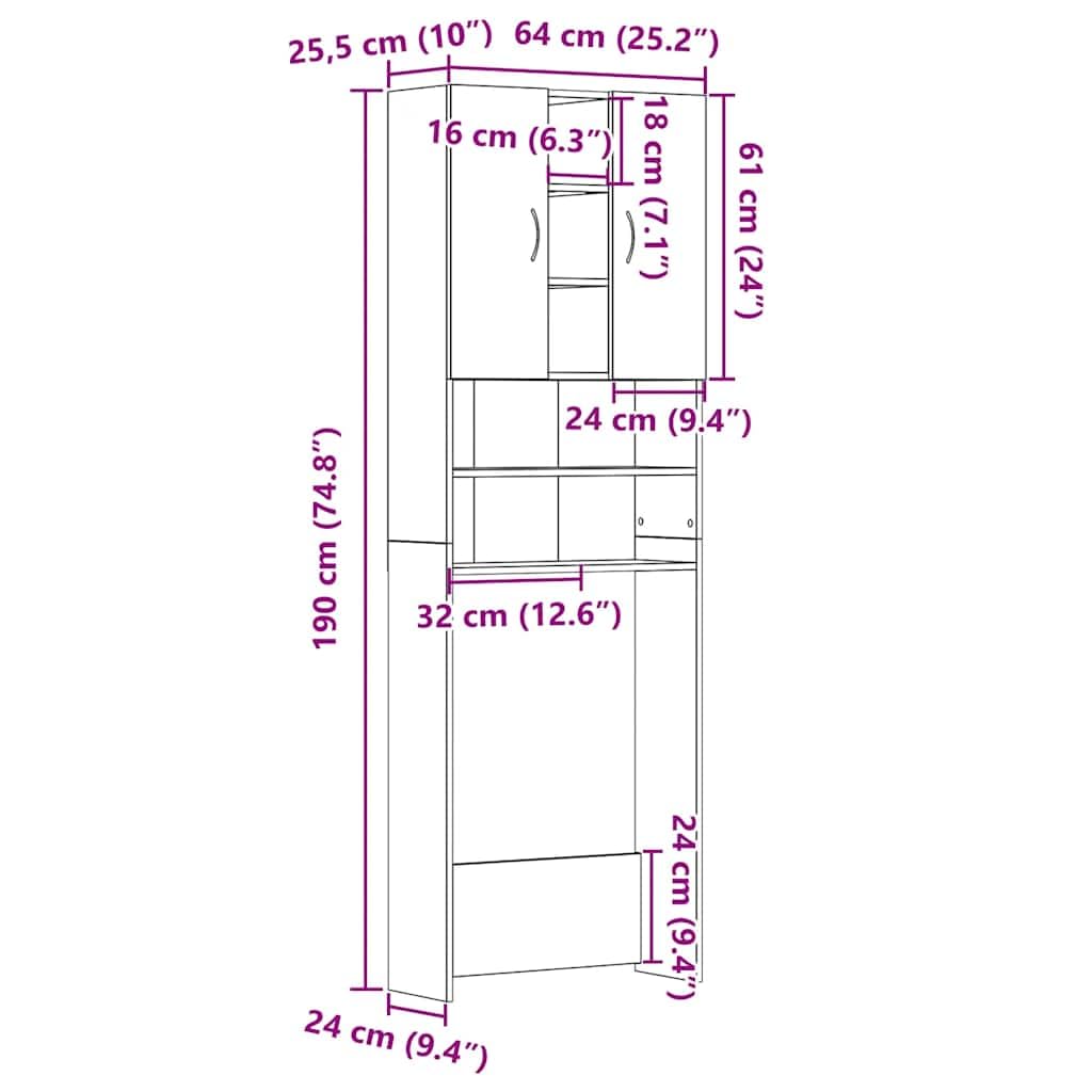 vidaXL Mobile per Lavatrice Rovere Nero 64x25,5x190 cm