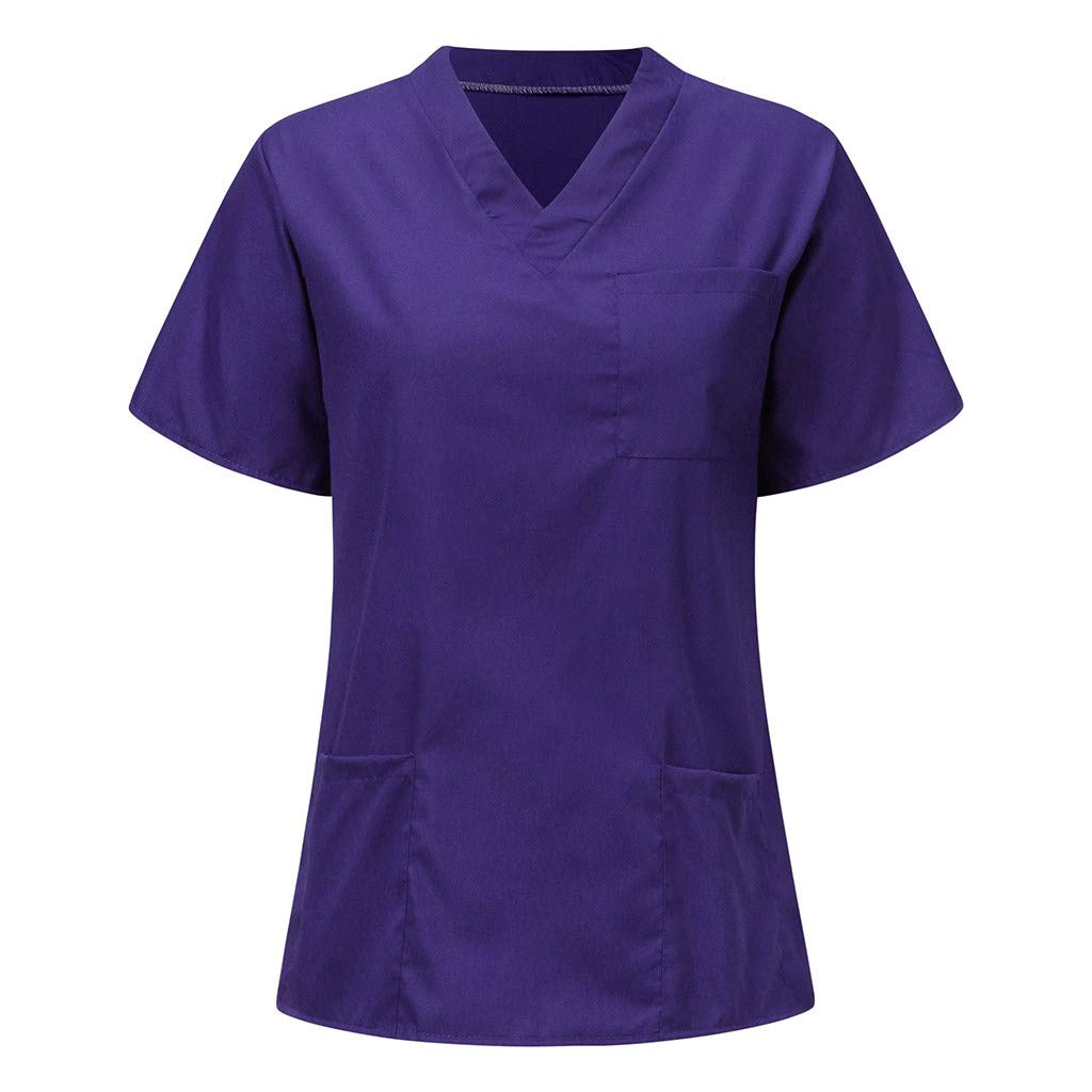 Wokee_ Women's Scrub Top Short Sleeve Workwear T Shirt Stretch Blouse Tops Nursing Uniform with 3 Pockets (Purple, XL)
