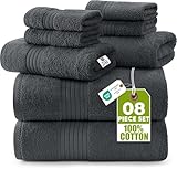 Premium 700 GSM 8 Piece Towel Set; 2 Bath Towels, 2 Hand Towels and 4 Washcloths - Cotton - Machine Washable, Hotel Quality, Super Soft and Highly Absorbent by Utopia Towels (Dark Grey)