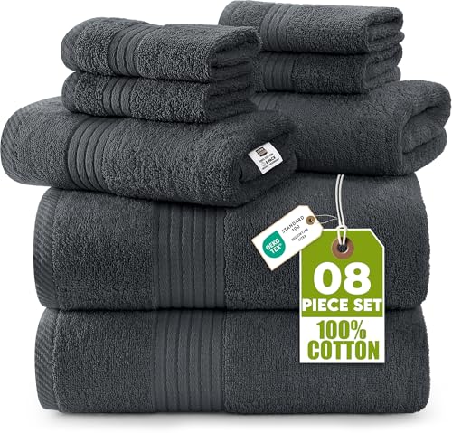 Utopia Towels 8 Piece Premium Towel Set, 2 Bath, 2 Hand, and 4 Washcloths, 100% Ring Spun Cotton, Highly Absorbent Towels for Bathroom, Sports, and Hotel, Grey