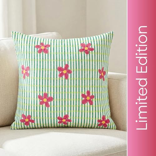 Image of haus & kinder Modern Luxury 100% Cotton Digital Printed Pink & Yellow Floral Heart Design Decorative Throw Pillow Cushion Covers for Sofa, Living Room & Bedroom 16 x 16 Inches Set of 3