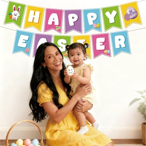 Image of Happy Easter Banner for Easter Party Decorations Indoor Outdoor Egg Bunny Hanging Decor