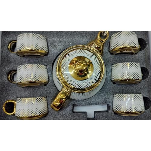 Image of DMRD Porcelain Tea Set with Kettle |Tea Cup Set 7Pc | Aesthetic and Classic Cups Set | Premium Crockery for Home & Gifting with Golden Color Geometric Pattern Design. (Pearl White)