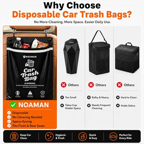 Image of Noaman 2Pack 50PCS Car Trash Bags, 2.5 Gal Leakproof & Smell Proof. Heavy-Duty Garbage Bags for car, SUV, Truck, RV. Stick-on or Headrest Mount. Alternative to Car Trash Can. Black
