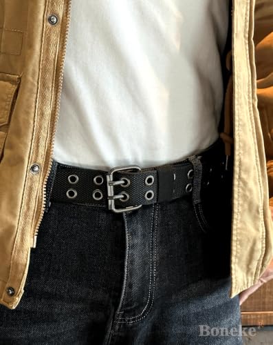 Nylon Web Belts, Double Hole Grommet Canvas Waist Belt for Men & Women Punk Halloween Belt for Jeans Teenager Unisex Black2