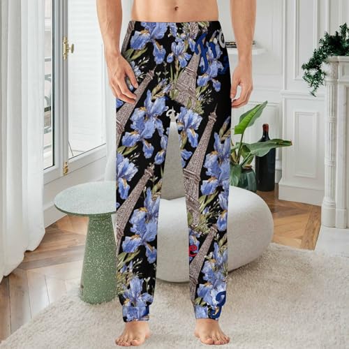 Eiffel Tower Iris Flowers France French Flag Men's Pajama Bottoms Sleep Lounge Soft Comfy Pants Sleepwear2