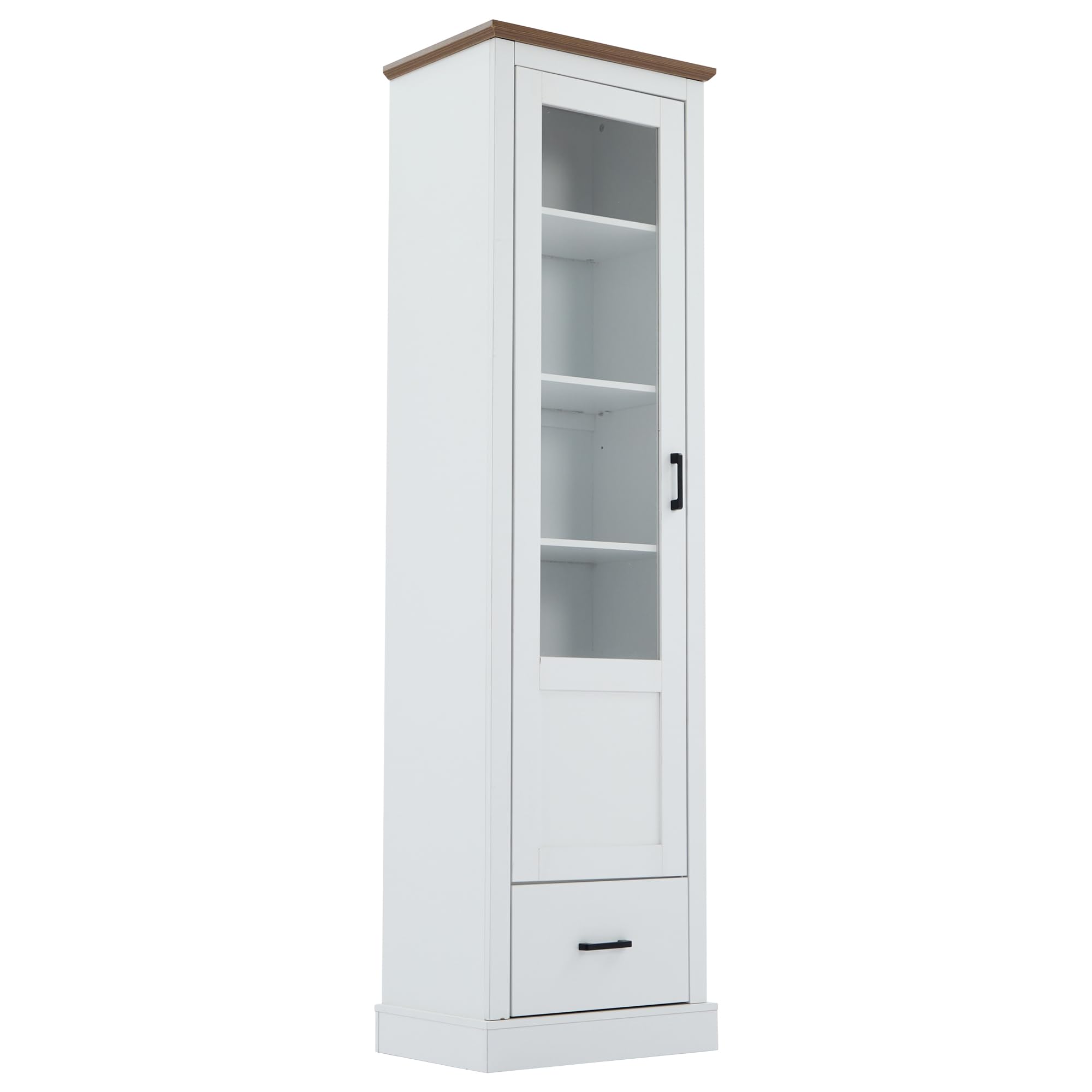Shye Vitrina moderna de color blanco mate, 178 cm, con decoración de madera, armario alto de cristal templado con cajón, 5 compartimentos