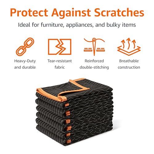 Image of Amazon Basics Reinforced Tear-Resistant Moving Blankets, 72 inch x 80 inch, Black, 6-Pack