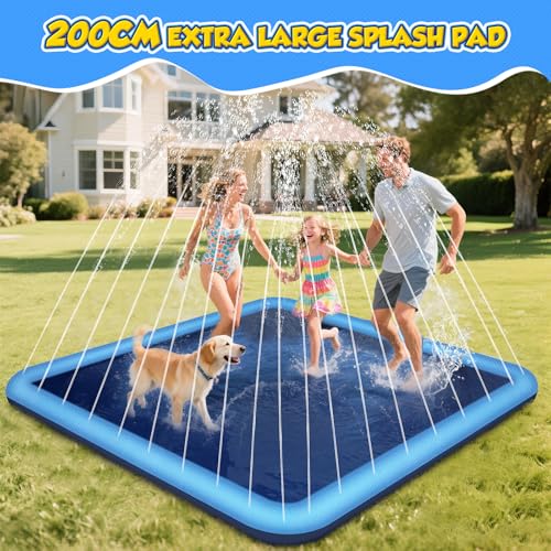 Haozozo Wasserspielzeug Kinder Outdoor Spiele mit Antirutschfunktion, 200CM Wassersprinkler Kinder Splash Pad, Gartenspielzeug Kind Sprinkler und Hundepool(Quadratisch 200cm)