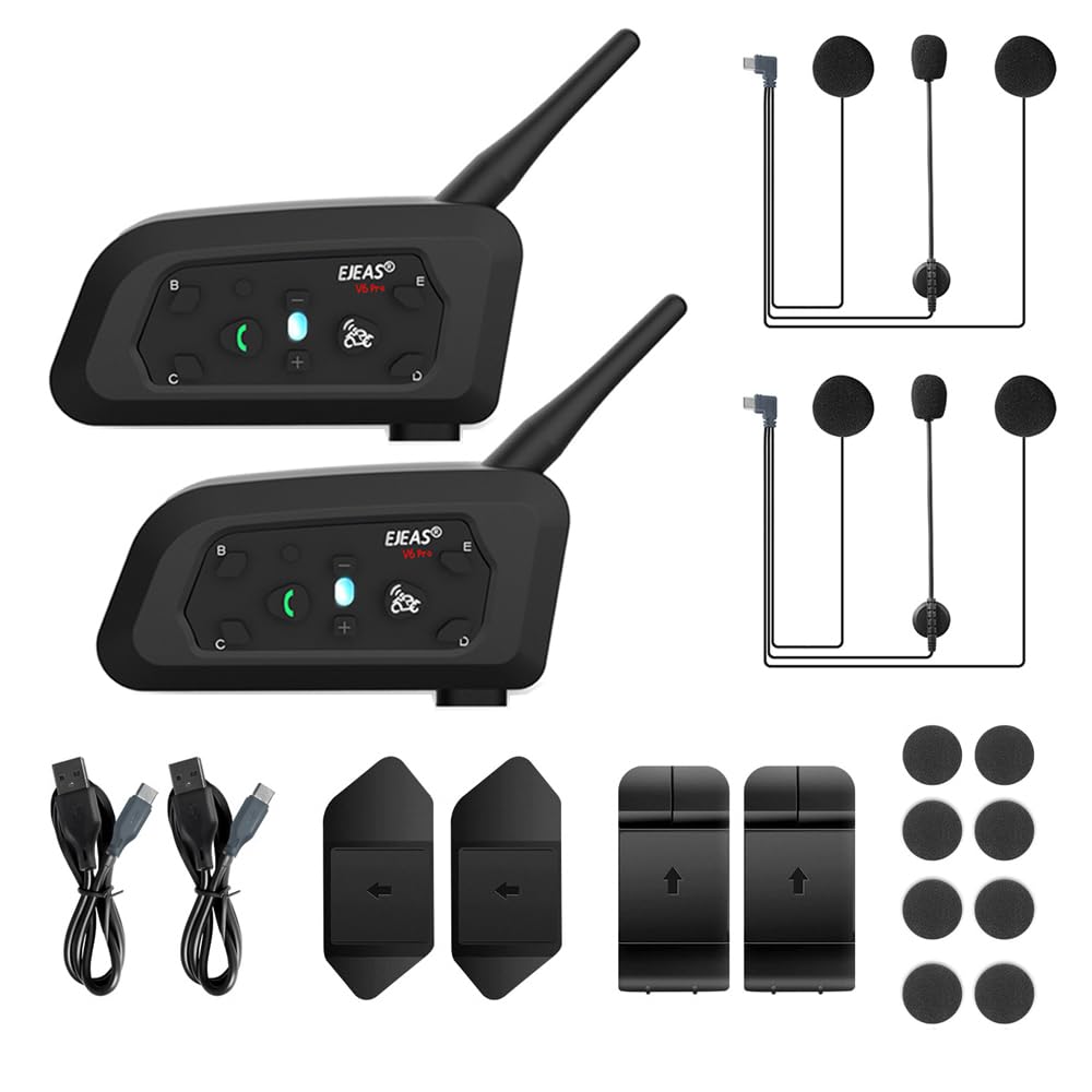 EJEAS V6 Pro 1200M BT citofono del motociclo di Bluetooth citofono del casco della motocicletta Headset con controllo del rumore avanzata per un massimo di 6 piloti sci e l'equitazione (2 Pezzo)
