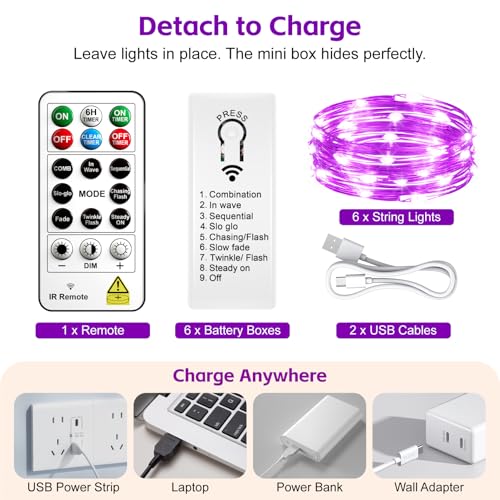 Image of 6 Pack Rechargeable Fairy Lights with Remote & DIY Timer, 7ft 20LED Dimmable Silver Wire String Light for Mason Jar, Mini Twinkle Lights for Indoor Christmas Bedroom Wedding Decor, Purple