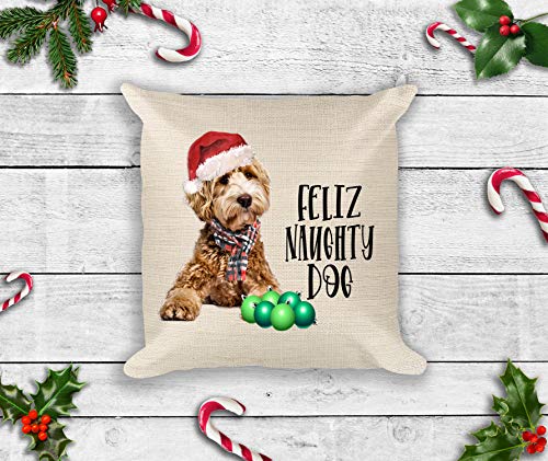 The Creating Studio Feliz Naughty Dog Goldendoodle Linen Christmas Pillow Cover