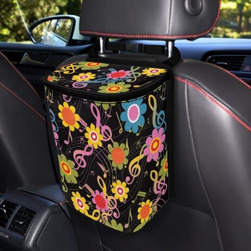 Image of Hippie Flower Music Note Car Trash Can with Lid,Leak Proof Garbage Can Hippie Flower Car Interior Accessory Zipper Protable Vehicle Rubbish Bag for Back Seat