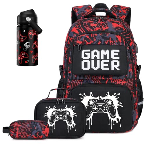 Boys Backpack - Includes 14oz Insulated Water Bottle, Boys School Backpack Set with Lunch Bag & Pencil Case Teens for School