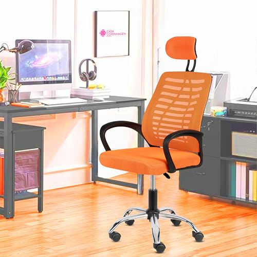 Image of Casa Copenhagen,Mesh Office Desk,Rocking, Ergonomic Computer Chair Adjustable High with Headrest and Comfortable Armrest Swivel Chair -Orange & Jet Black Handle