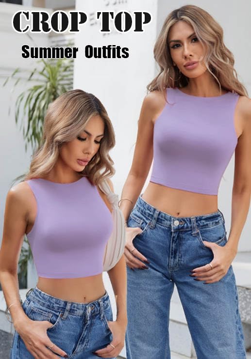 Image of Avidlove Crop Tops for Women Crew Neck Basic Tank Sexy Double Lined Seamless Crop Going Out Summer Tops