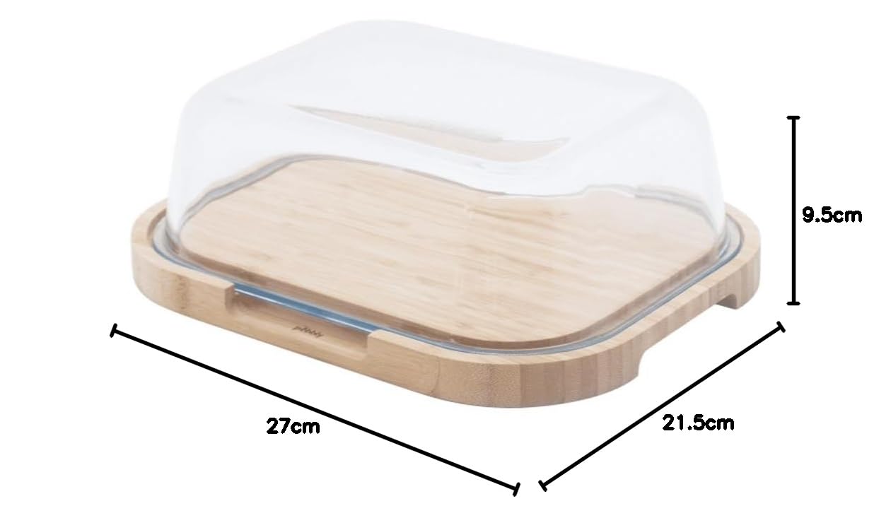 Pebbly – Käsebox mit Glasglocke und Bambustablett – 27 x 21,5 x 9,5 cm – Für 3 bis 4 Käsesorten, klein und kompakt, ideal zum Aufbewahren und Servieren, aus natürlichen Materialien
