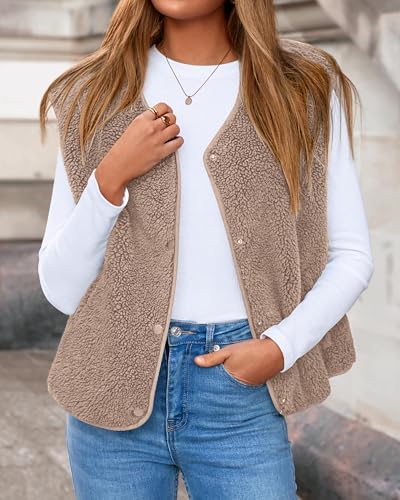 KIRUNDO Women's Fall Winter Fleece Vest 2025 Trendy Sleeveless Sherpa Jacket Button Down Open Front Fuzzy Warm Outerwear4