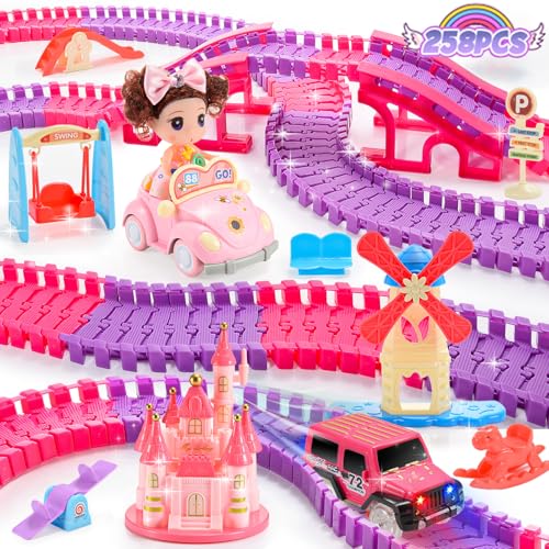 WethCorp Princess Toys: 258pcs Toys for 3 4 5 6 Year Old Girls Kids Car Track Set with Doll Caslte Car 4 Year Old Girl Birthday Gifts for Toddler Girls Age 3-5 3-6