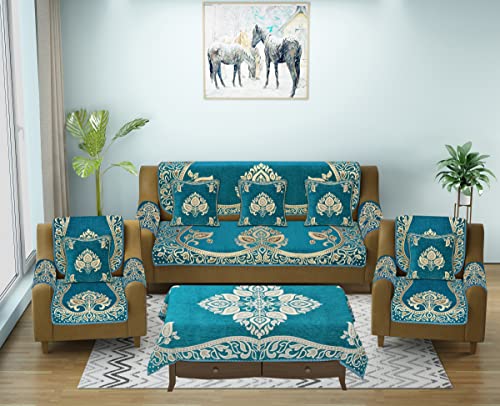 Image of Sofa Seater Slip Covers with Arm and Cushion and Table Cover - 3+2 Seater Velvet Sofa Cover Set for Single Sofa Couch - 5 Seater Sofa Seat Protector Slip and Back Covers, 2701 Sky