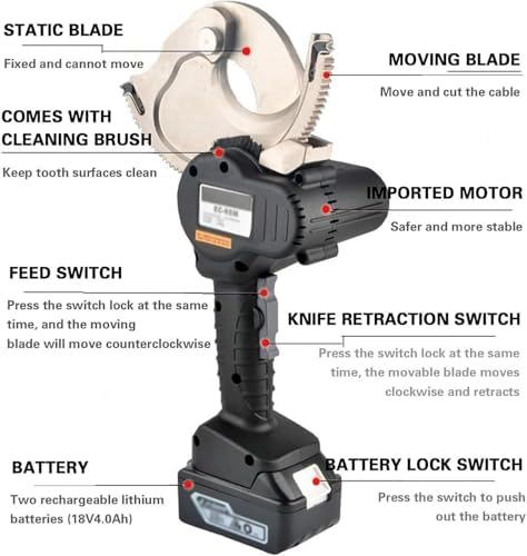 Compact Ratcheting Battery Cable Cutters - Aluminum Copper Scissors for 50/65/75mm Wires, Includes 2X 4Ah Lithium-Ion Batteries & Charger, Electric Gear Type Pliers