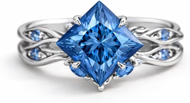 Princess Cut Blue Sapphire Ring Set for Women 14K White Gold Vintage Engagement Ring Set with Twisted Band & Side Stones September Birthstone Bridal Promise Jewelry Gift for Her