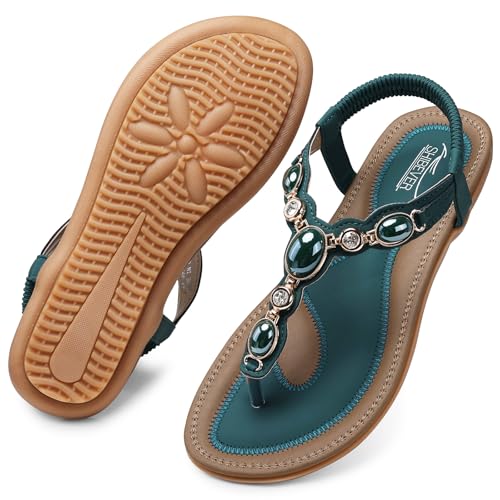 Image of SHIBEVER Dressy Flat Women Sandals: Comfortable Summer Thong Flats Sandal | Arch Support Walking Ankle Strap Dress Rhinestone Bling Womens Sandal - All Day Comfort Casual Beach Boho Women's Shoes