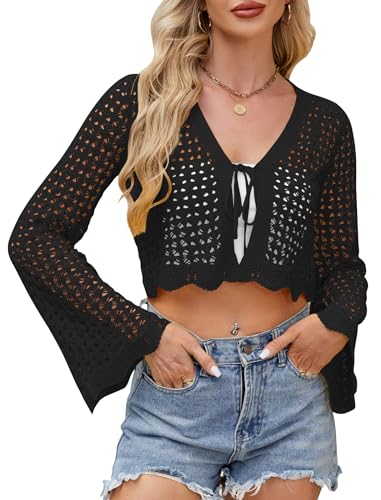 Womens Tie Front Crochet Crop Top Knit Bolero Shrug Sweater Cropped Lightweight Summer Cardigan Black XL