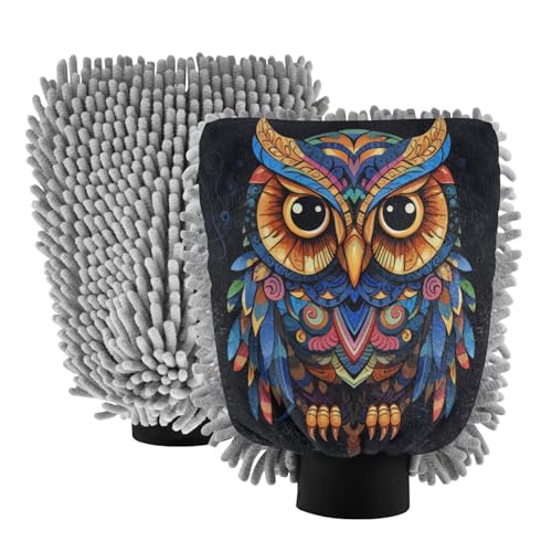 ALAZA Owl Print Ethnic Bohemian Car Wash Mitt Scratch Free, 2 Pack Absorbent Microfiber/Chenille Washing & Drying Mitts, M