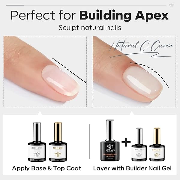 modelones Builder Nail Gel with Gel Top and Base Coat, 3Pcs Gel Nail Kit for Nail Thickening Apex Building Nail Extension Rhinestone Gel Nail Glue, LED Nail Lamp Cured by modelones - Image 4