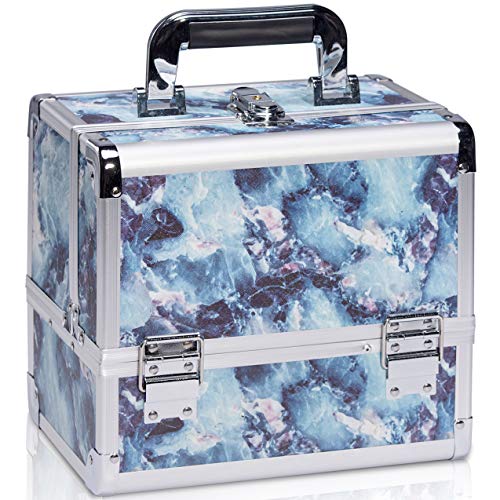 Joligrace Makeup Train Case Cosmetic Organizer Box Lockable with 3 Trays and a Brush Holder Pattern Collection (Marble)