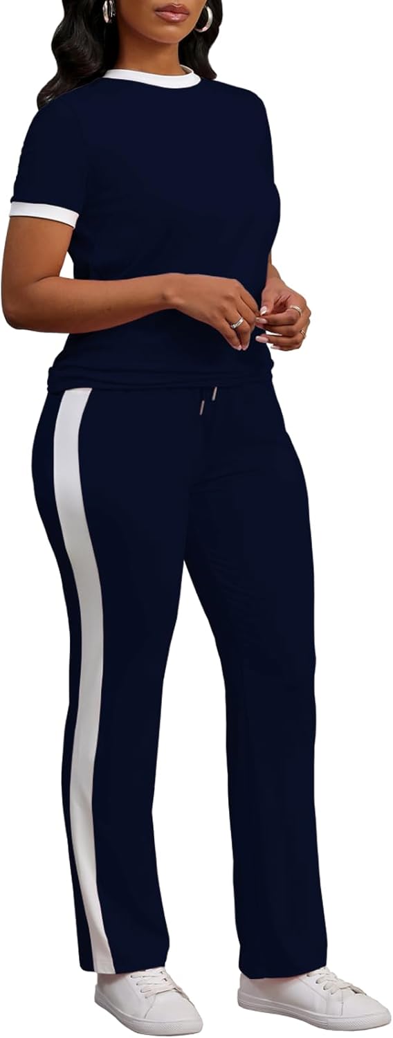 PINSV Women's 2 Piece Outfits Short Sleeve Tops Sweatpants Colorblock Bodycon Lounge Sets Tracksuit - Image 3