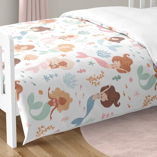 Image of Sweet Jojo Designs Ocean Mermaids Girl Toddler Bedding Set Kid 5p Bed in a Bag with Comforter Blanket Pillowcase Sham Sheets Pink Teal Under the Sea Underwater Theme Fairytale Fish Colorful Coral Reef