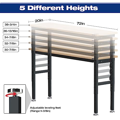 Image of WORKPRO 72 inch Adjustable Workbench, 3000 LBS Load Capacity Hardwood Garage Workbench with Power Outlets, Rubberwood Top Heavy-Duty Workstation for Workshop, Garage, Home